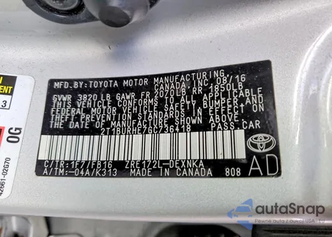 2016 Toyota Corolla L z USA, uszkodzony, nr VIN 2T1BURHE7GC736418